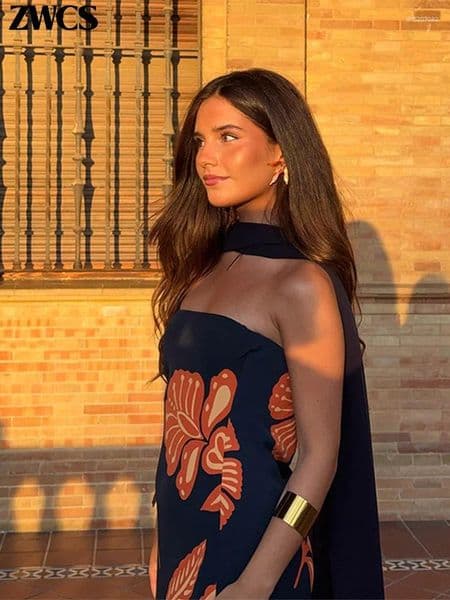 Casual Dresses Elegant Floral Print Ribbon Strapless Dress Women Sexy Off Shoulder Hip Package Long Tube 2025 Summer Lady Slim Robe