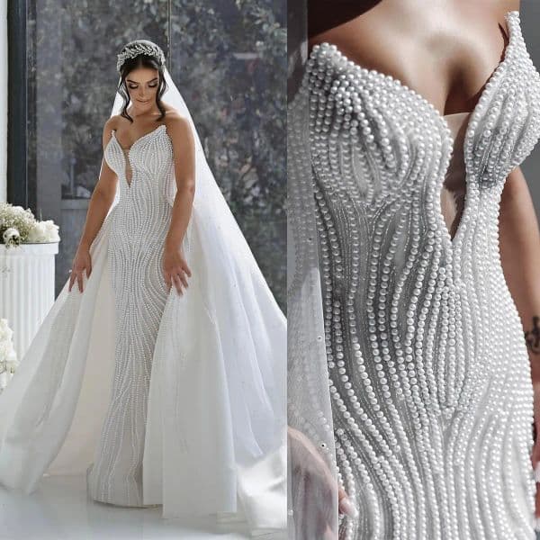 Luxury Pearls Sheath Wedding Dress Elegant Sleeveless Beaded Bridal Dress With Detachable Train Customized vestidos de novia