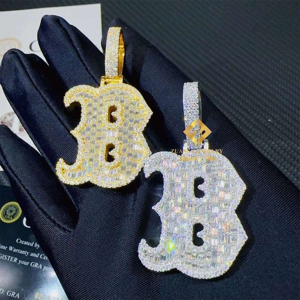 GRA Certificates Hip Hop Iced Out Fire Jewelry 925 Sterling Silver VVS1 Bagauette Moissanite Initial B Letter Pendant