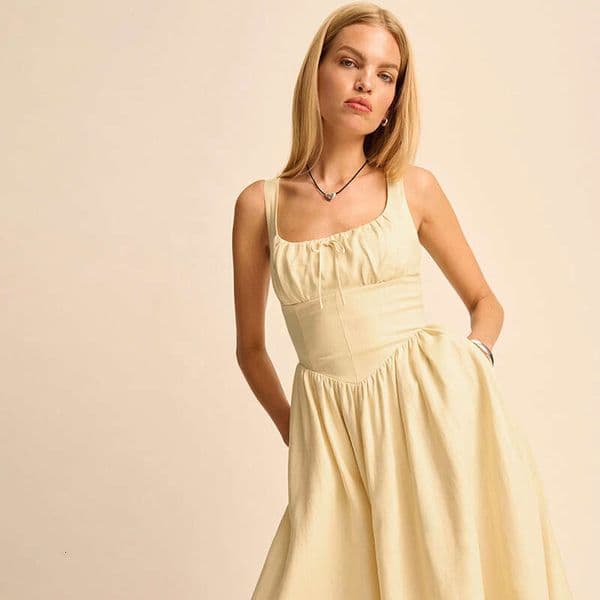 Undefined Designer Dresses 789 Summer New 2025 Linen Yellow Square Neck Pure Desire Vacation Style Mid-length French Dress