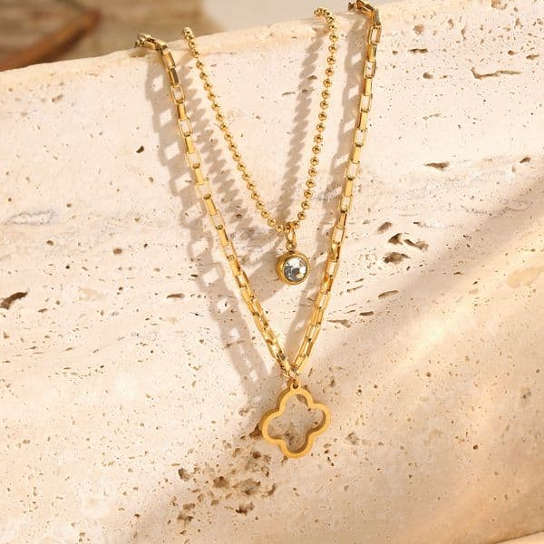 Double Layer Hollow Clover Titanium Steel Necklace for Women Multi-layer with Pendant