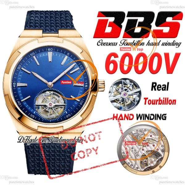 Overseas 6000V Real Tourbillon Mechanical Hand Winding Mens Watch BBSF 42.5mm Rose Gold Blue Stick Dial Rubber Strap CHS Puretimewatches Reloj Hombre B03