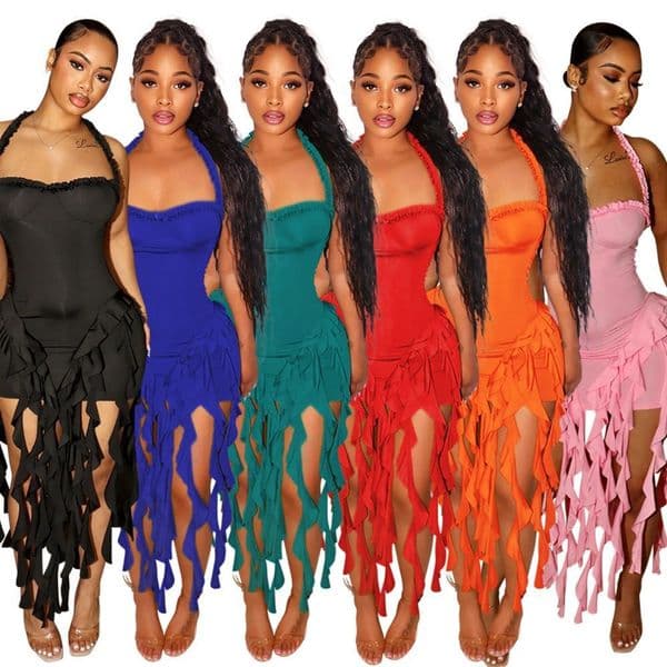 Summer New Womens Sexy Spaghetti Strap Tassel Dress Solid Color Halter Bodycon Dress