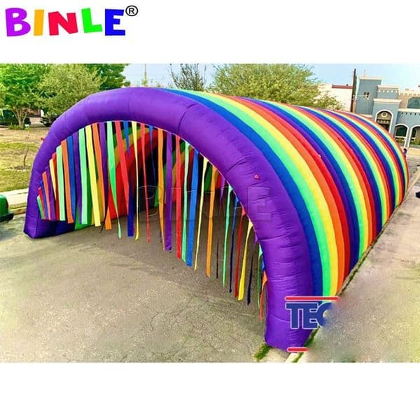 10mLx4mWx4mH (33x13.2x13.2ft) Colorful Large Inflatable Rainbow Tunnel Tent With Tassels Curtains,Event Entrance Gate Archway For Pary Decoration