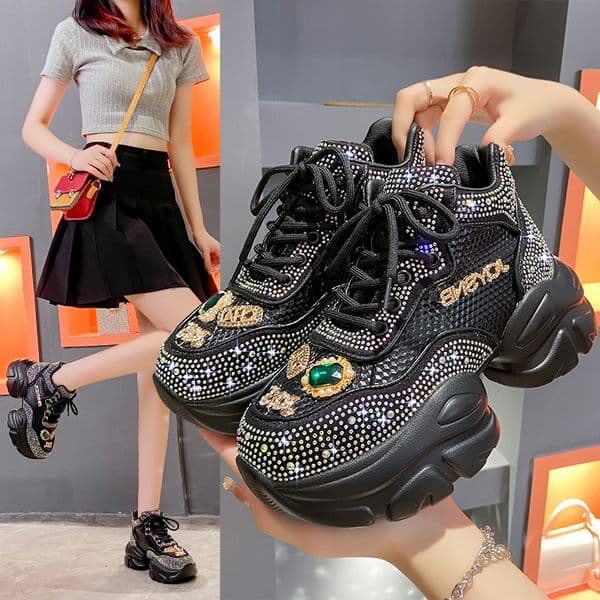 Women's Luxury Diamond Sports Shoes Designer Platform Height Boosting Shoes Leather Casual Women's Shoes Designer Casual Platform Outdoor shoes zapatillas de mujer
