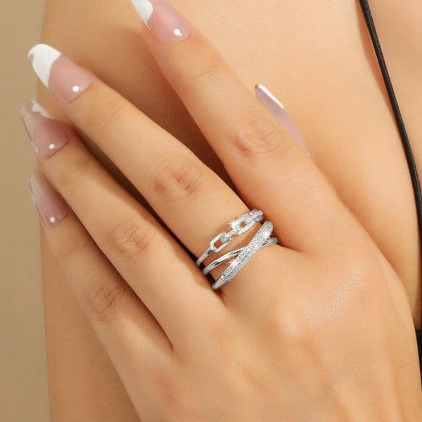 Fresh Sweet Korean and Japanese Style Full Diamond Cross for Women, Design, Multi-layer Zircon Inlay, Versatile Ring