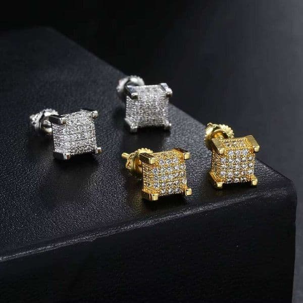 Hip Hop Moissanite Zircon Men Crystal Gemstone Jewelry Gold Plated Sier Stud Earrings with Rhinestones for Women