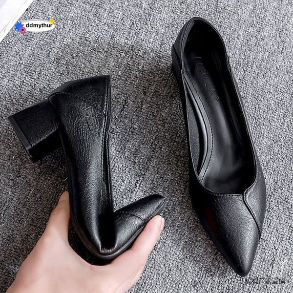 Soft High Heels Thick Single Mid Heel Black Leather Women, Suitable for Interviews and Work, All Seasons Women's Shoes, Professional Work Shoes ddmythur