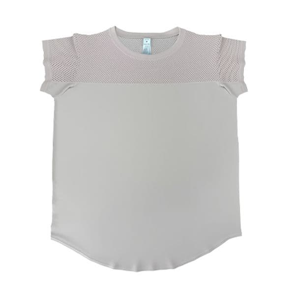 highly breathable mesh design ladies light pink short sleeved sports top perfect for sports casual and home wear