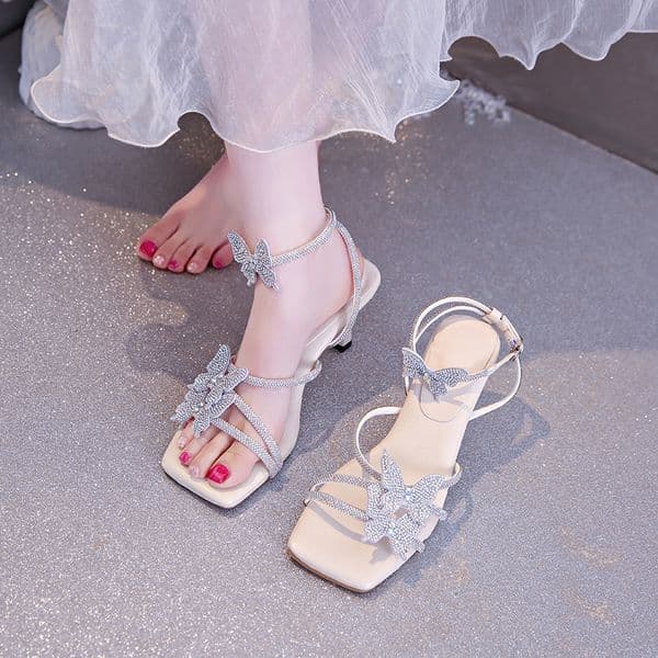 Ddmysports Summer New Rhinestone Bow High Heel Fashion Versatile Elegant Thin Strap Open Toe Sandals Outdoor Shoes