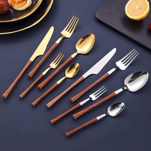 INS Imitation Wood Grain Stainless Steel Small Waist Cutlery Handle Steak Knife Fork Spoon Gift Set