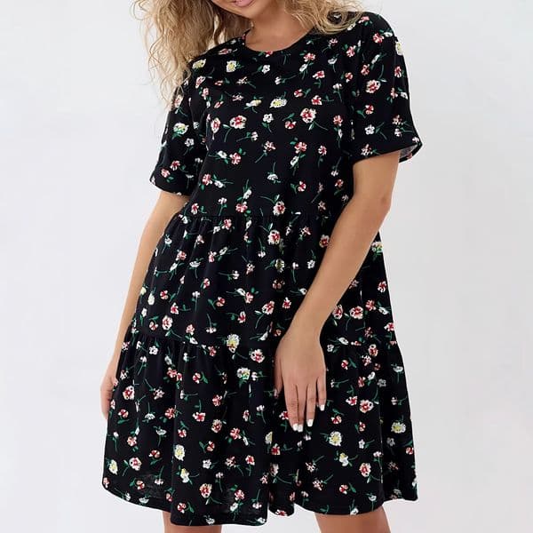 037 European and American 2025 new short-sleeved round neck dress fashion casual printed skirt