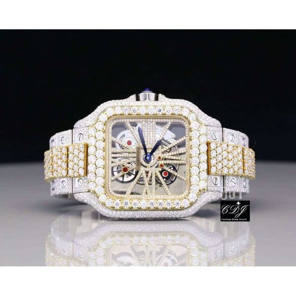 HipHop Natural Diamond Wristwatch by Top Manufacturer, Fashion Rapper Jewelry for Party Wear, Personalized Two-Tone Skeleton Watch