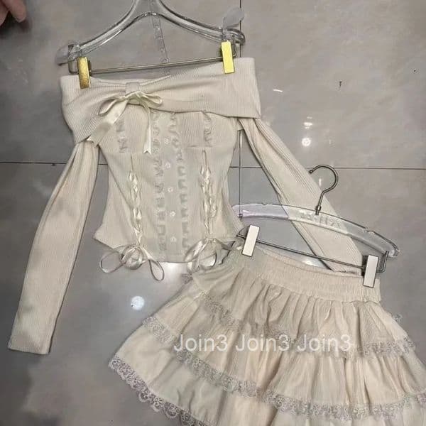 Two Piece Sets Womens Outfits Y2k Clothing Slash Neck Bandage Lace Bow Tops A-line Sweet Mini Skirt Suit Chic Cute Skirts Set