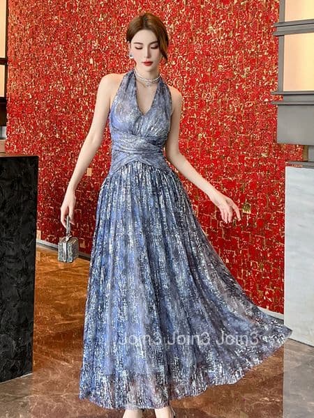 New Elegant Summer Sparkly Evening Dress Women Clothes Retro Sexy Halter Slim Maxi Party Prom Robe Beach Vestidos Fiesta Fashion