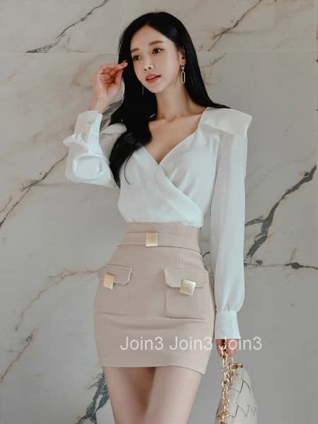 New Spring Autumn Sexy 2 Pieces Outfits Elegant Women Chic White V-Neck Tops Shirt Blouse Femme High Waist Mini Skirt Mujer Sets