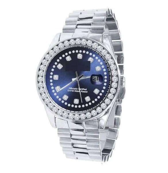 Mens Full Steel Blue Dial Solitaire White Gold Tone Simulated Dia 41mm Watch
