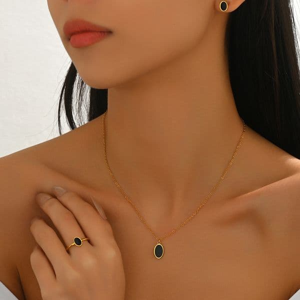 Wind Jewelry Inlaid Plate Round Necklace Open Ring Women S Earring Set