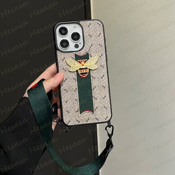 Stylish Bee Designer Mobile Phone Case for iPhone 17 16 15 14 Plus 13 12 11 Pro Max Premium Leather Fashion Print Back Anti-Drop Handy Strap Shockproof Cover Handy Strap