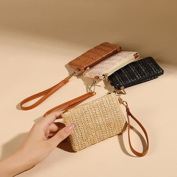Free Shipping 2025 New Designer Bag In-stock Solid Color Straw Mini Wallet Women's Wristlet Short Wallet Summer Casual Women's Straw Bag Dual-use