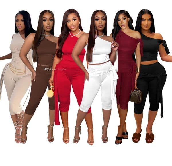 2025 Summer Tracksuit 2 Piece Set Women Clothing Fashion Sexy Slant Shoulder Sleeveless Top And Slim Fit Shorts Ladies Casual Solid Color Pants Sets