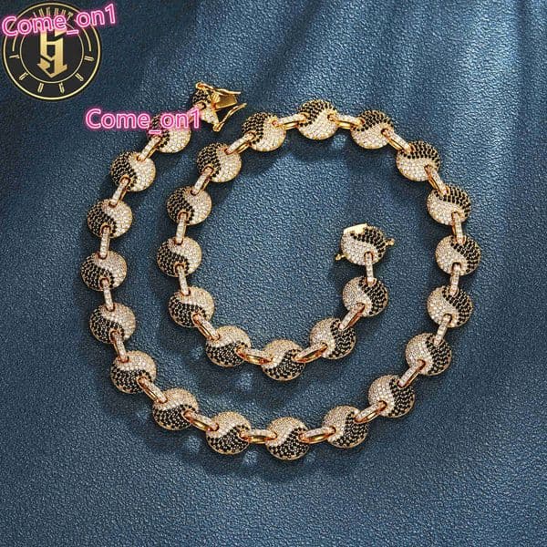 Jewelry Wholesale 12mm Gold Plated Brass AAAAA CZ Diamond Hip Hop Cuban Link Chain Taiji Necklace for Men Women