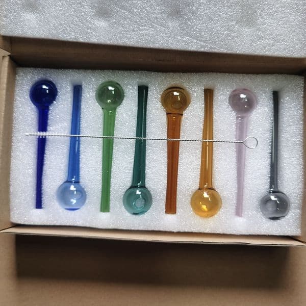 8PCS/box 10cm Colorful clear Glass Burner Pipe with brush 25mm Ball hookahs Spoon Hand Pipes For Smoking Pipes Package well by bubble box handcrafts