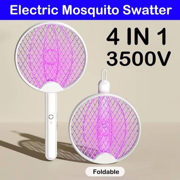USB Rechargeable Foldable Electric Mosquito 3500V Fly Swatter Trap 4 IN 1 Insect Killer With UV Light Bug Zapper