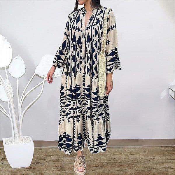 086 Large Size European and American Women's Autumn New Pullover Printed Bohemian Dress Women