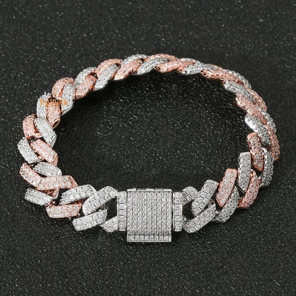 14MM Bar Dense Cuban Chain Two-Tone Moissanite Real Gold Electroplated Men's Iced Out Bracelet Passes the Diamond Tester