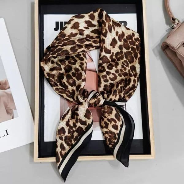 Women's Stylish Satin Leopard Patterned Scarf - Fashionable Square Silken Accessory, 70 by 70 Centimeters