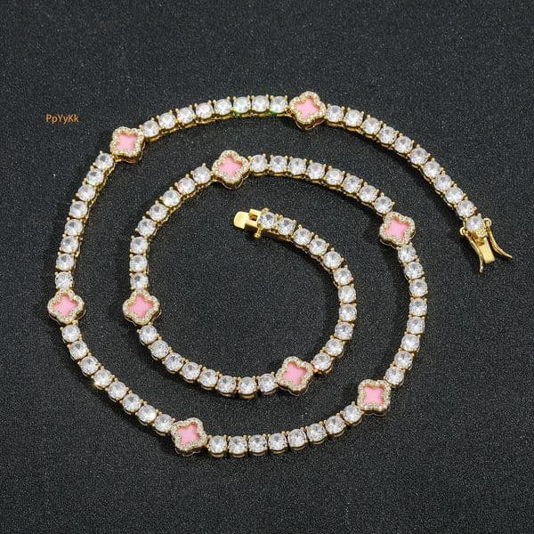 Pink Four Leaf Clover Iced Out Tennis Chain Necklace Moissanite Luxury Clavicle Accessory Pass the diamond tester