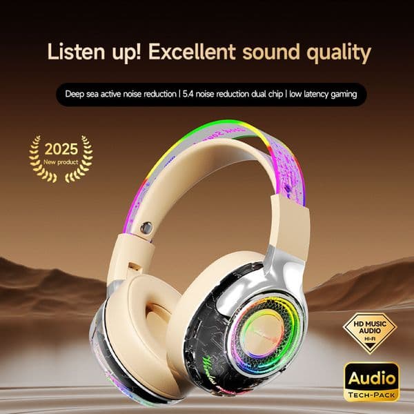Over-Ear Active Noise Cancelling Bluetooth Headphones ANC Function RGB Colorful Lighting Rotatable Foldable V5.4