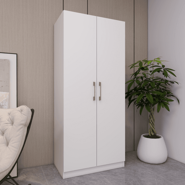 Wood Closet Organizer - 2-Door Wardrobe With 5 Storage Shelves & Garment Rod For Bedroom