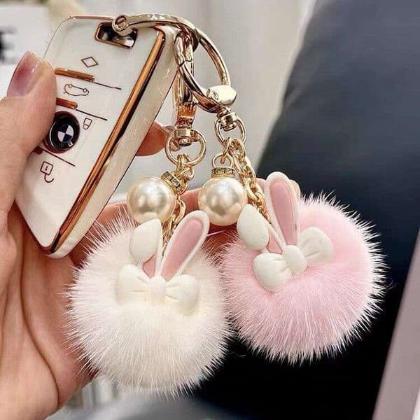 Cute DIY Pom-Pom Bunny Fashion Car Keychain Pendant Korean Ins Plush Handmade Bag Decoration