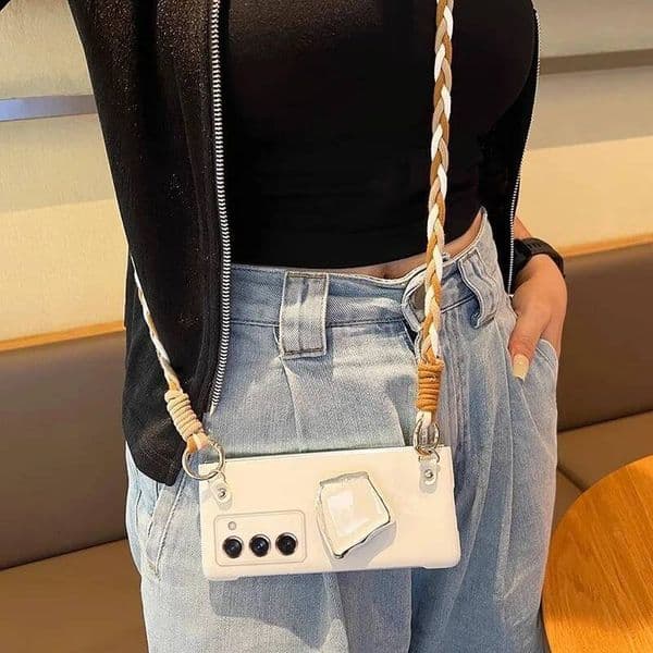 Fashion Crossbody Weave Long Lanyard Irregular Bracket Stand Holder White Case Cover For Samsung Galaxy Z Fold 7 6 5 4 3 2 5G