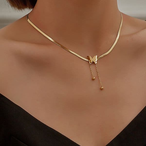 Niche Light Stainless Gold-Plated Matte Butterfly Pendant Fashion Snake Bone Chain Titanium Steel Tassel Necklace for Women