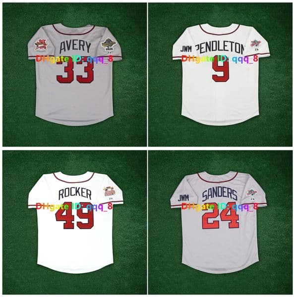 John Rocker Deion Sanders Braves Basketball Jerseys Terry Pendleton 1991 World Series 2000 All Star Rafael Furcal Andres Galarraga Steve Avery White Grey Size S-4XL