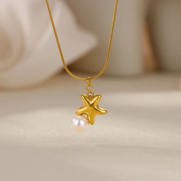 Korean INS Style Cute Pointed Zircon Starfish Stainless Steel Snake Chain Necklace Five-Pointed Star Simple