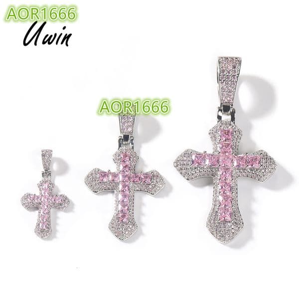 UWIN Hip Hop Pink Baguette Cross Pendant Small Medium Large 3 Sizes Cross Charm Women Pendant Necklace