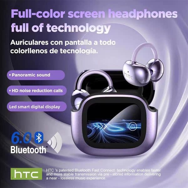 HTC NE32 Bluetooth V6.0 Ear Clip Earphones LCD Touch Screen AI Noise Reduction Wireless Sports Headphones