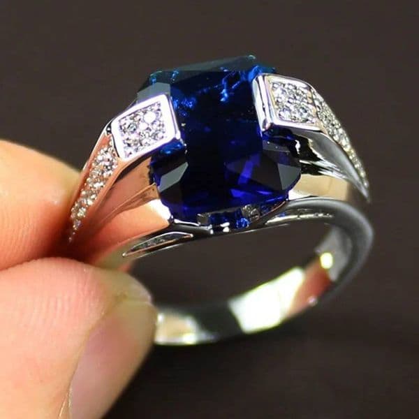 Delicate Male 925 Sterling Silver Rings for Women Cubic Zirconia Blue Stone Ring for Men Women Finger Ring VIntage Jewelry