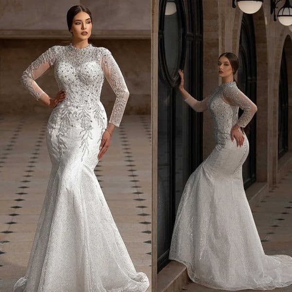 Luxury Mermaid Wedding Dresses Long Sleeves High Neck Pearls Beaded Crystal With Detachable Train Bridal Gowns Customized Vestidos De Novia