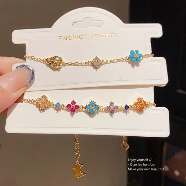 Gold - Toned Bracelet With Colorful Floral And Rhinestone Details Delicate Daily & Elegant Jewelry Gift For Her High - Quality And Vibrant Accessory