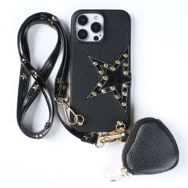 Punk Style Metal Star Genuine Leather Case Heart Bag For iPhone 16 Pro Max 15Pro 11 13 12 14 Crossbody Lanyard Strap Phone Cover