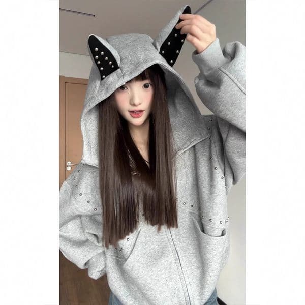American Style Patchwork Rivet Doberman Dog Ear Hoodie For Women Designer Shirt Autumn Sweet Cool Design Designer Hoodie Couple Short Jacket