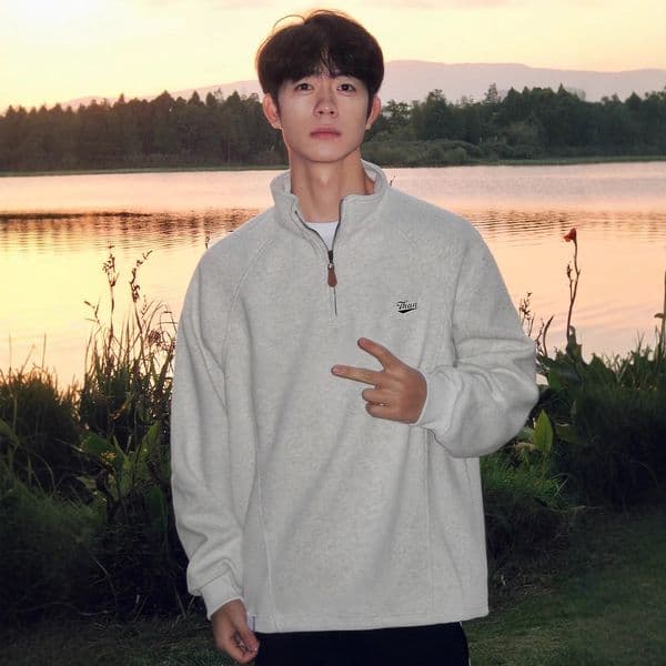 Fleece-lined American-style Stand Collar Half-zip Designer Hoodie Sweatshirt For Designer Shirt Men Heavyweight Hoodless Top Long Sleeve Base Layer For Autumn