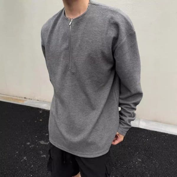 American Style Waffle Solid Color Long Sleeve T-shirt For Men New Loose Fit Designer Hoodie Retro Trendy Designer Shirt Sweatshirt For Autumn And Winter Ins Style