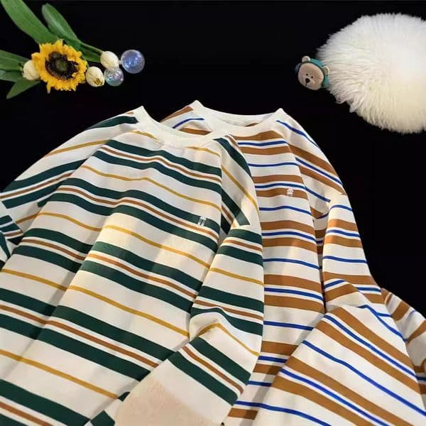 Autumn Pure Cotton Striped Crew Neck Long Sleeve T-shirt For Men Japanese Style Ins Retro Designer Hoodie Loose Youth Casual Designer Shirt Base Layer Shirt