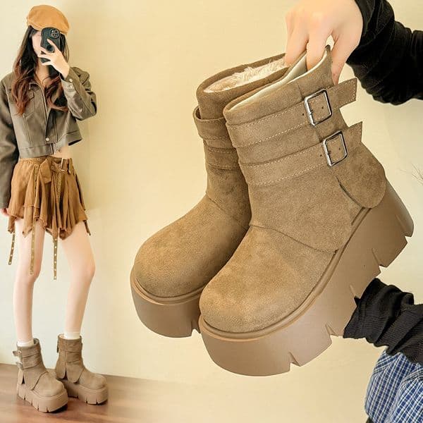 Autumn and winter snow boots retro style spicy girl thick cotton shoes designer shoes luxury shoelaces buckle flat boots slim fit short boots